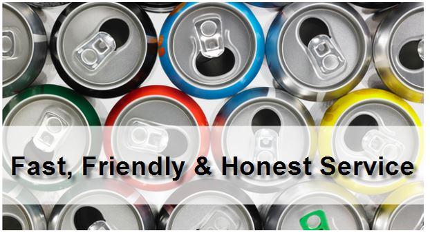 Bunch of used cans with a text saying "fast friendly & honest service"